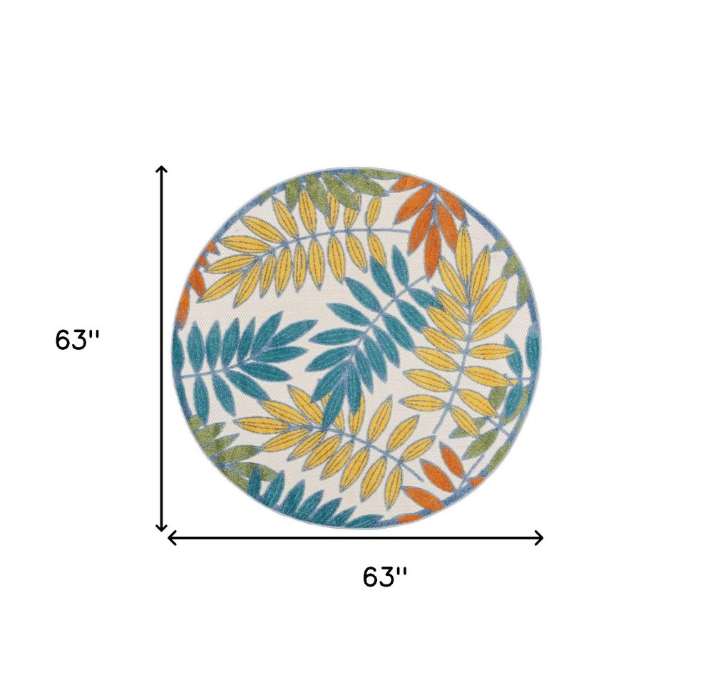 5' X 5' Ivory And Blue Round Indoor Outdoor Area Rug