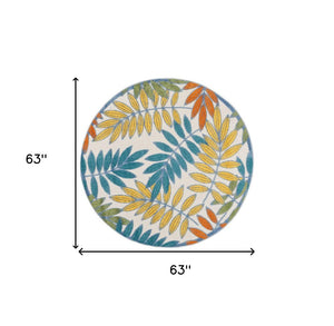 5' X 5' Ivory And Blue Round Indoor Outdoor Area Rug