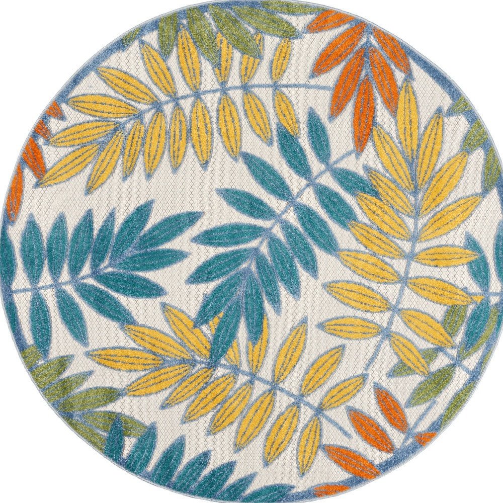 8' X 8' Ivory And Blue Round Indoor Outdoor Area Rug