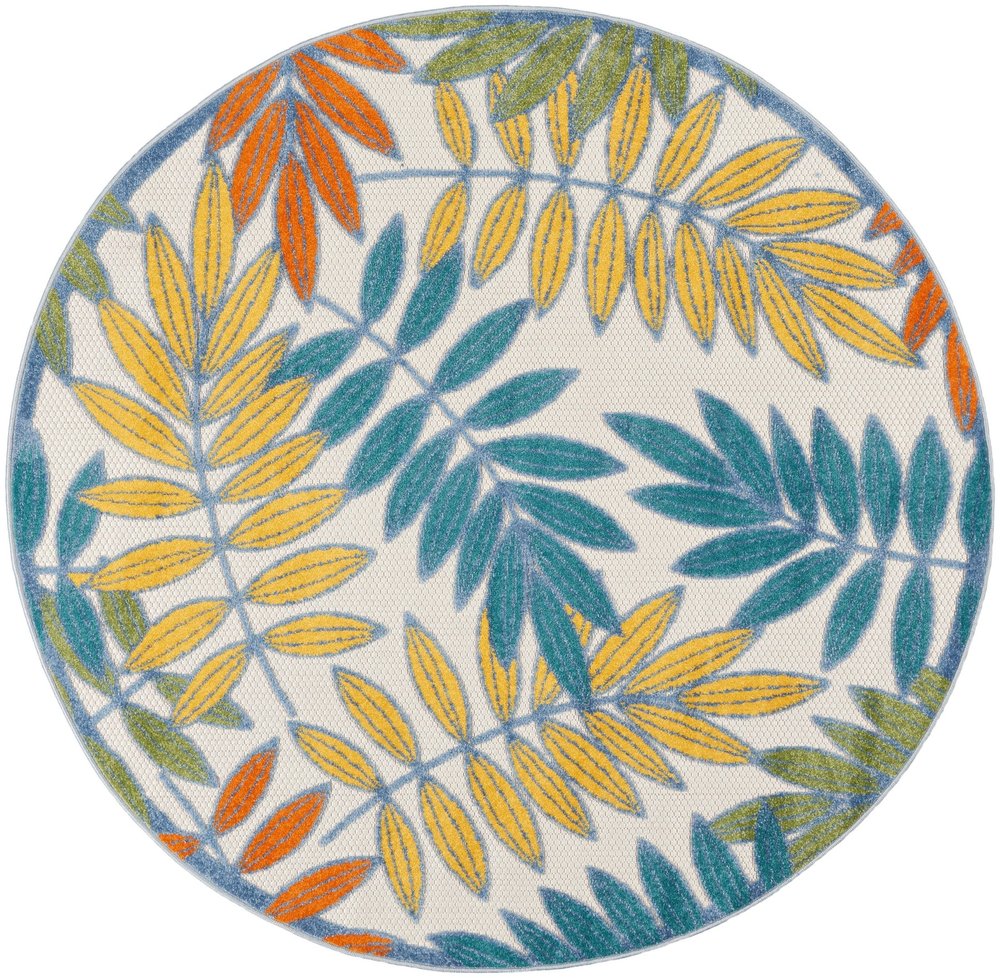 8' X 8' Ivory And Blue Round Indoor Outdoor Area Rug