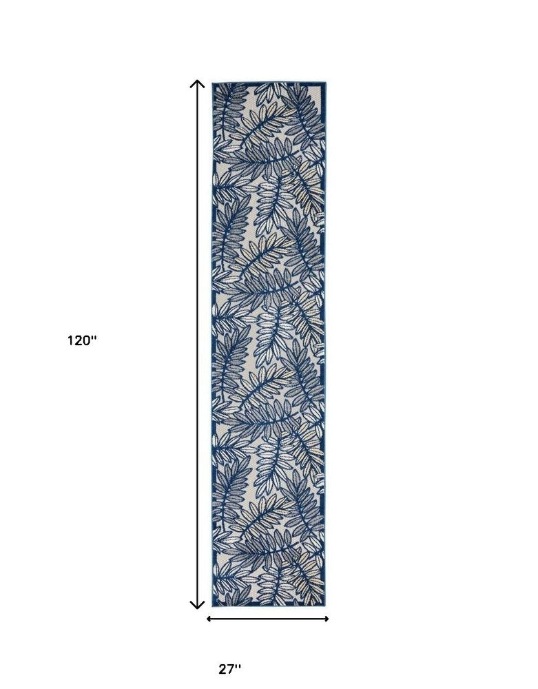 10' Ivory And Blue Indoor Outdoor Runner Rug