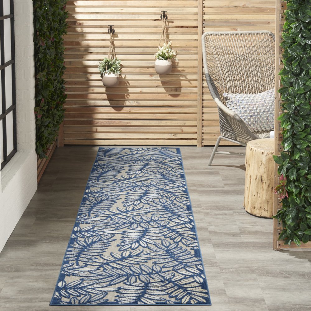 10' Ivory And Blue Indoor Outdoor Runner Rug
