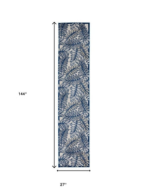 12' Ivory And Blue Indoor Outdoor Runner Rug