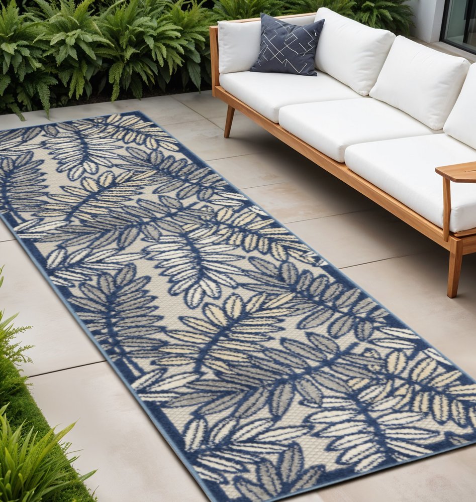 8' Ivory And Blue Indoor Outdoor Runner Rug