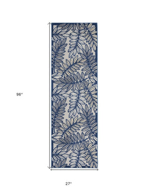 8' Ivory And Blue Indoor Outdoor Runner Rug