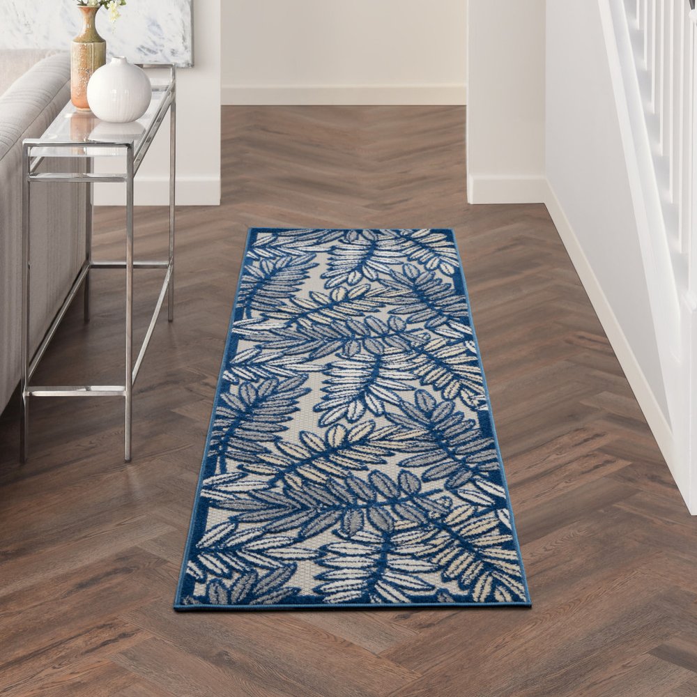8' Ivory And Blue Indoor Outdoor Runner Rug