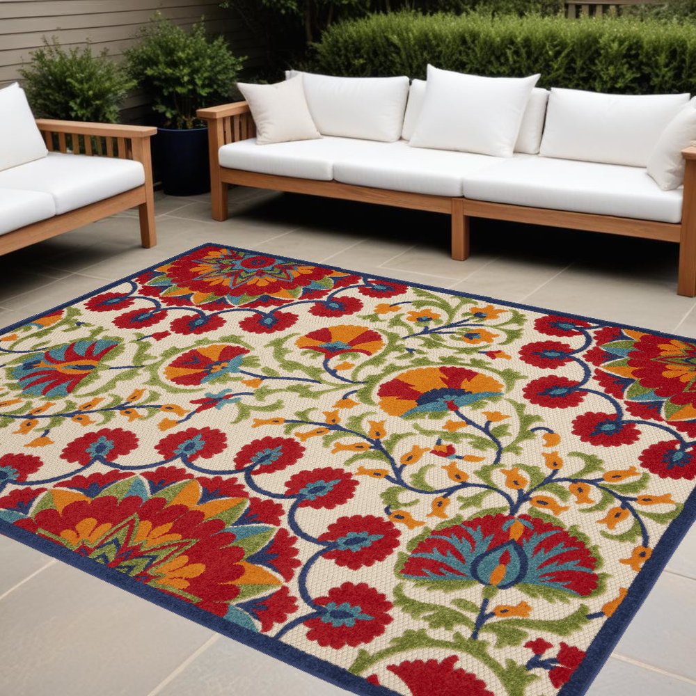 10' X 13' Red And Ivory Indoor Outdoor Area Rug
