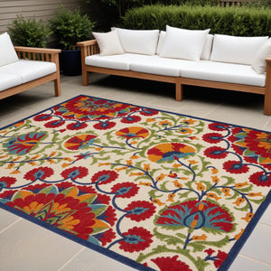 10' X 13' Red And Ivory Indoor Outdoor Area Rug