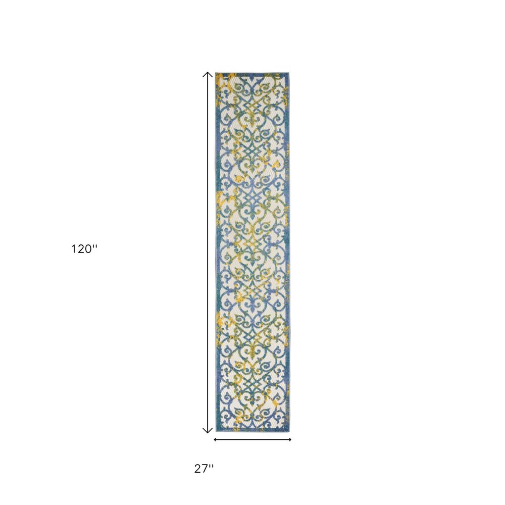 10' Ivory And Blue Indoor Outdoor Area Rug