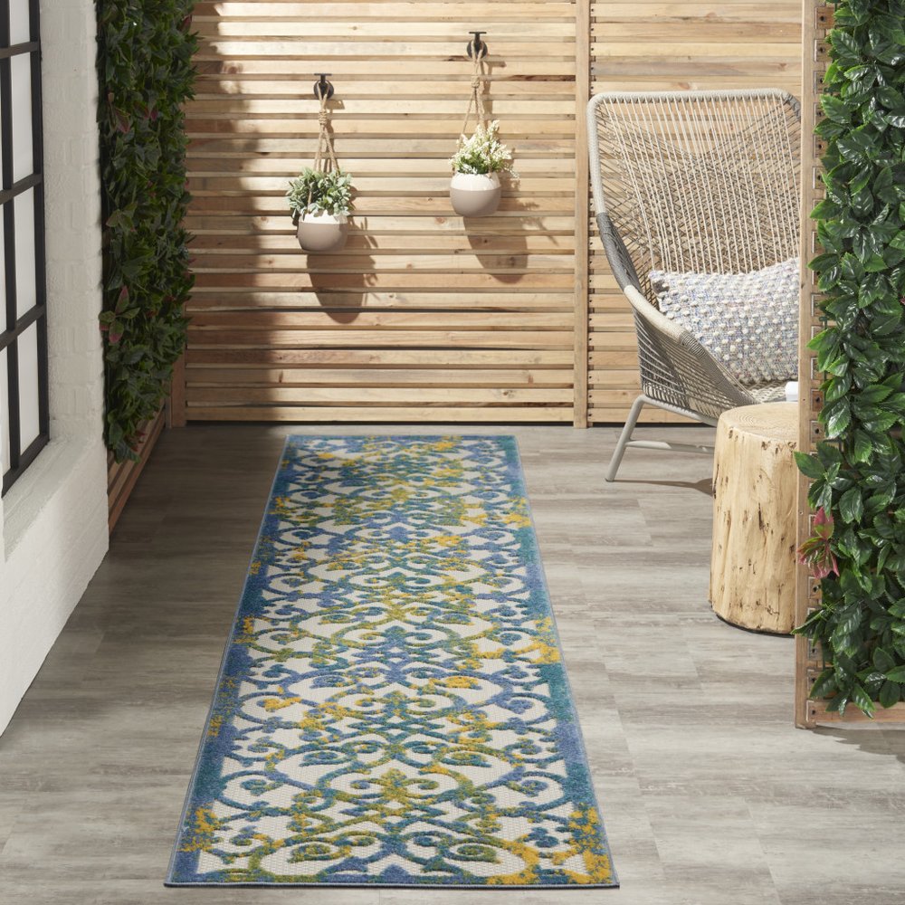 10' Ivory And Blue Indoor Outdoor Area Rug