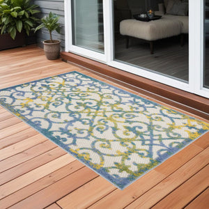 3' X 4' Ivory And Blue Indoor Outdoor Area Rug