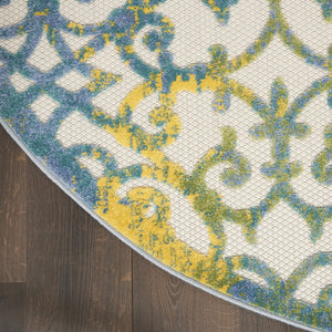 8' X 8' Ivory And Blue Round Indoor Outdoor Area Rug