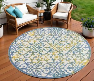 8' X 8' Ivory And Blue Round Indoor Outdoor Area Rug