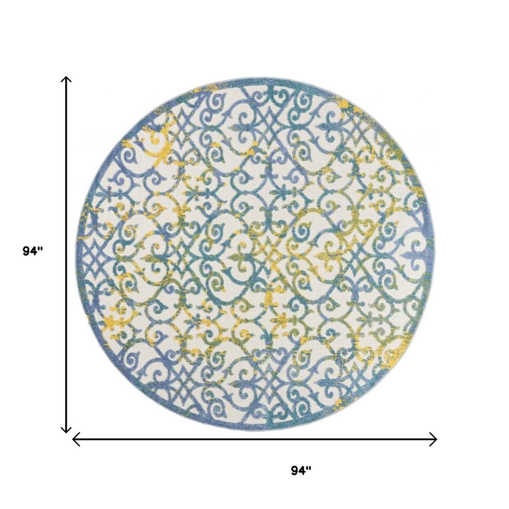 8' X 8' Ivory And Blue Round Indoor Outdoor Area Rug