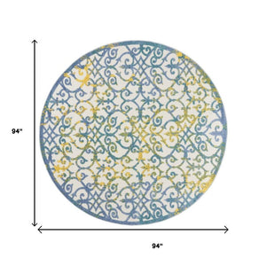 8' X 8' Ivory And Blue Round Indoor Outdoor Area Rug