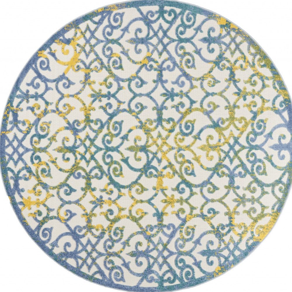 8' X 8' Ivory And Blue Round Indoor Outdoor Area Rug