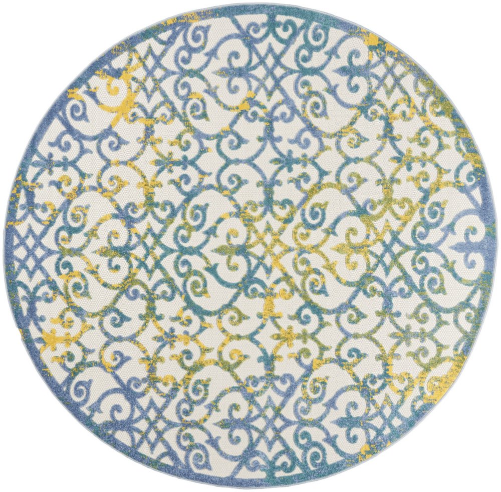 8' X 8' Ivory And Blue Round Indoor Outdoor Area Rug