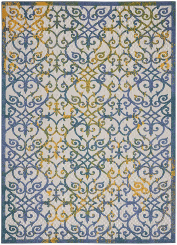9' X 12' Ivory And Blue Indoor Outdoor Area Rug