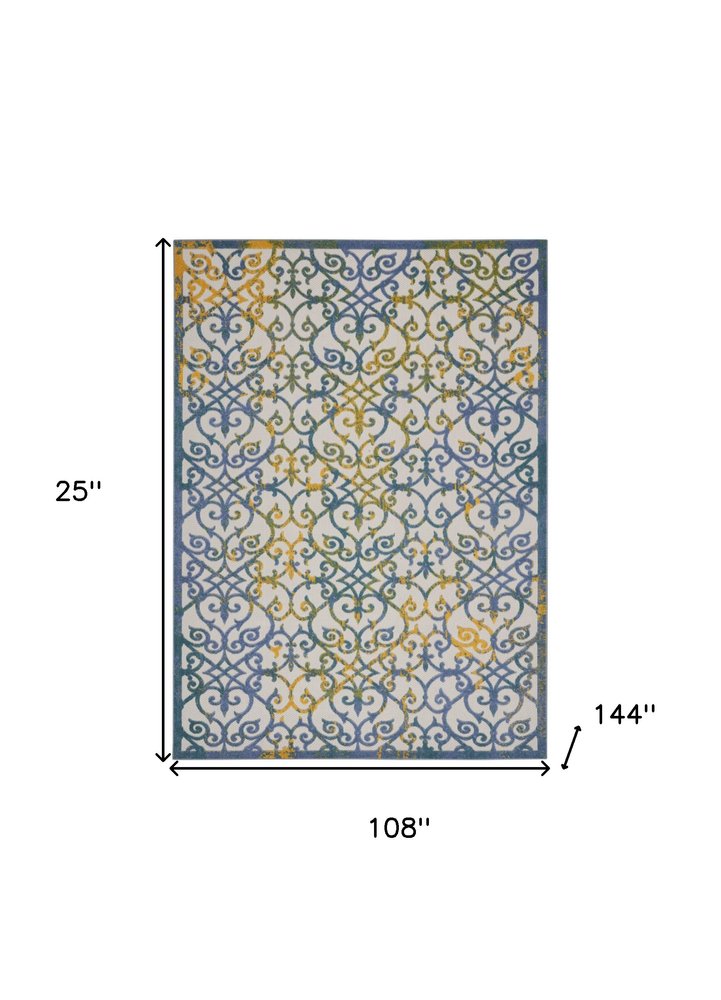 9' X 12' Ivory And Blue Indoor Outdoor Area Rug