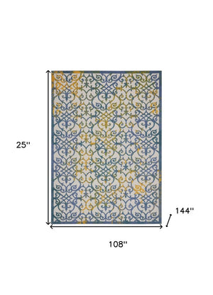 9' X 12' Ivory And Blue Indoor Outdoor Area Rug