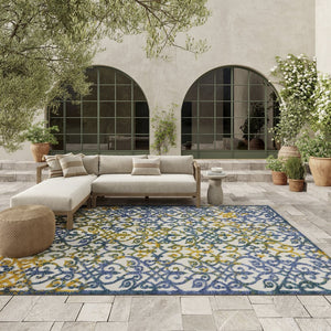 9' X 12' Ivory And Blue Indoor Outdoor Area Rug