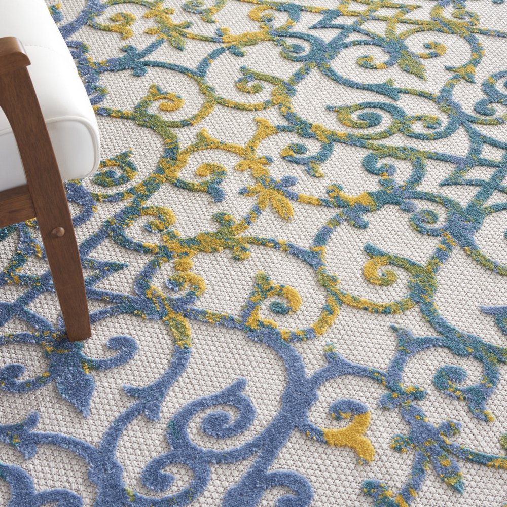 9' X 12' Ivory And Blue Indoor Outdoor Area Rug
