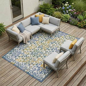 10' X 13' Ivory And Blue Indoor Outdoor Area Rug
