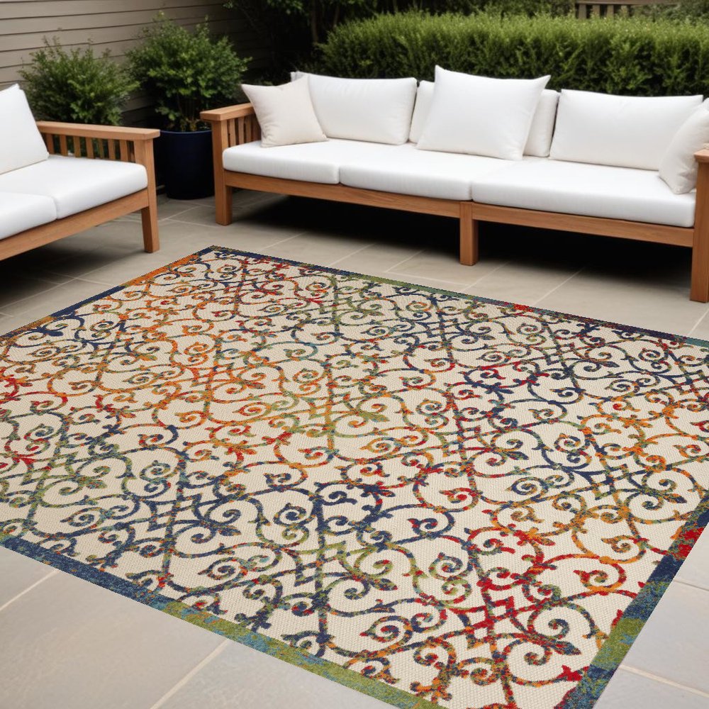 9' X 12' Ivory And Blue Indoor Outdoor Area Rug