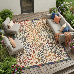 9' X 12' Ivory And Blue Indoor Outdoor Area Rug