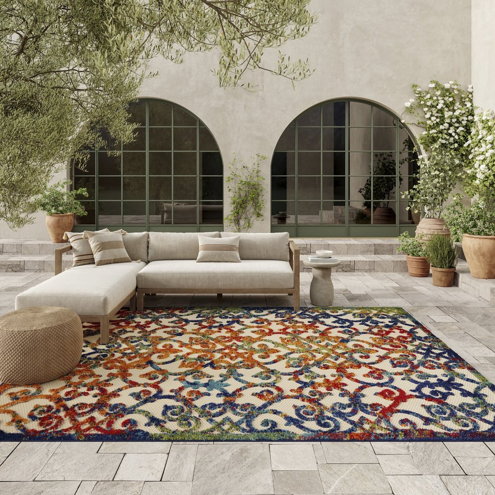 9' X 12' Ivory And Blue Indoor Outdoor Area Rug