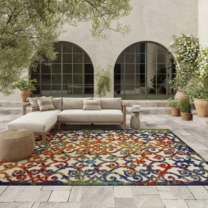 9' X 12' Ivory And Blue Indoor Outdoor Area Rug