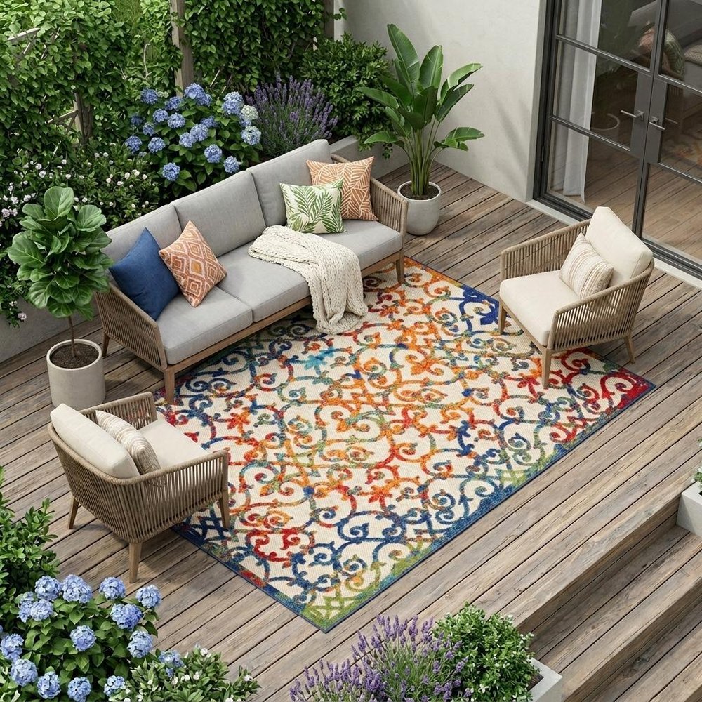 10' X 13' Ivory And Blue Indoor Outdoor Area Rug
