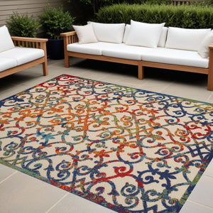 10' X 13' Ivory And Blue Indoor Outdoor Area Rug