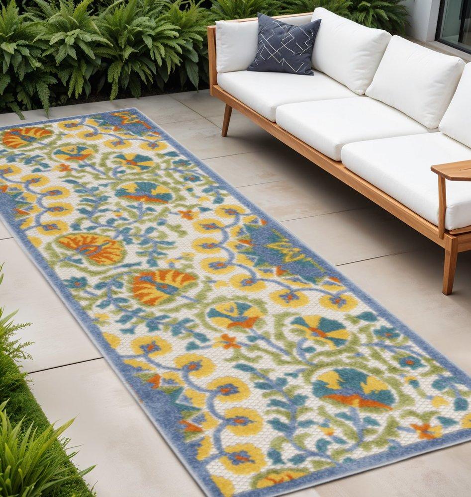 12' Blue And Yellow Indoor Outdoor Runner Rug