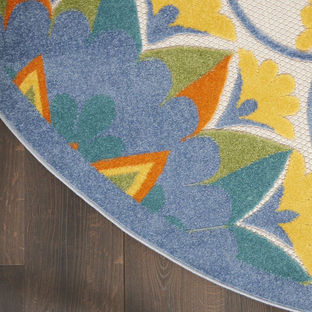8' X 8' Blue And Yellow Round Indoor Outdoor Area Rug