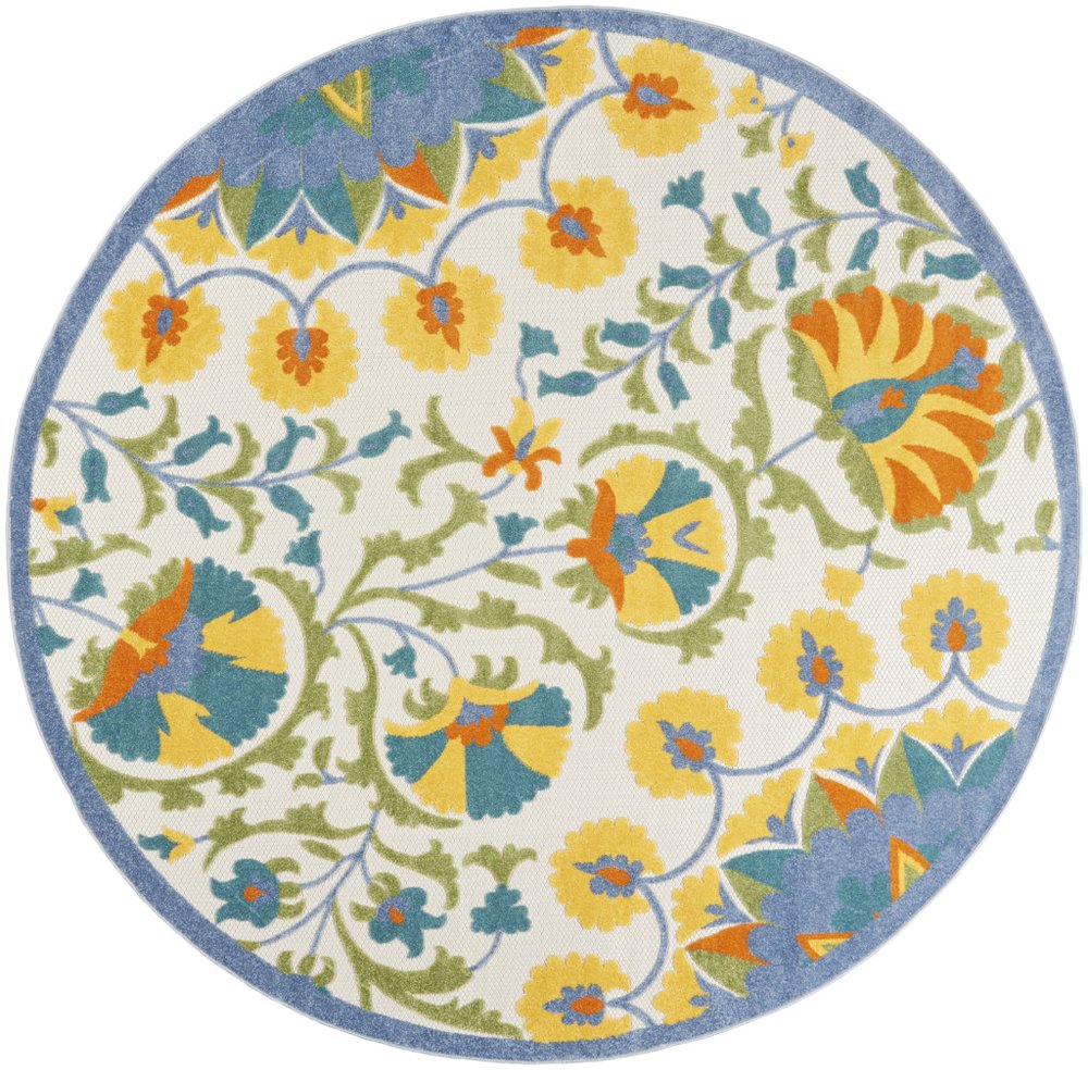 8' X 8' Blue And Yellow Round Indoor Outdoor Area Rug