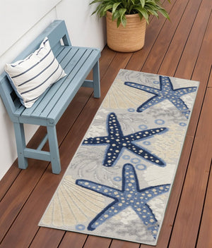 6' Blue And Gray Indoor Outdoor Runner Rug
