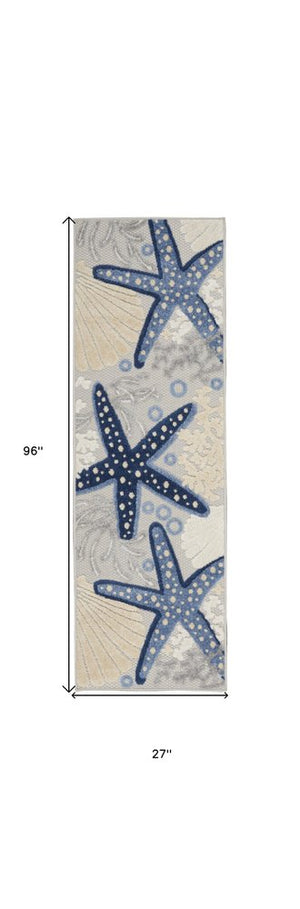 8' Blue And Gray Indoor Outdoor Runner Rug