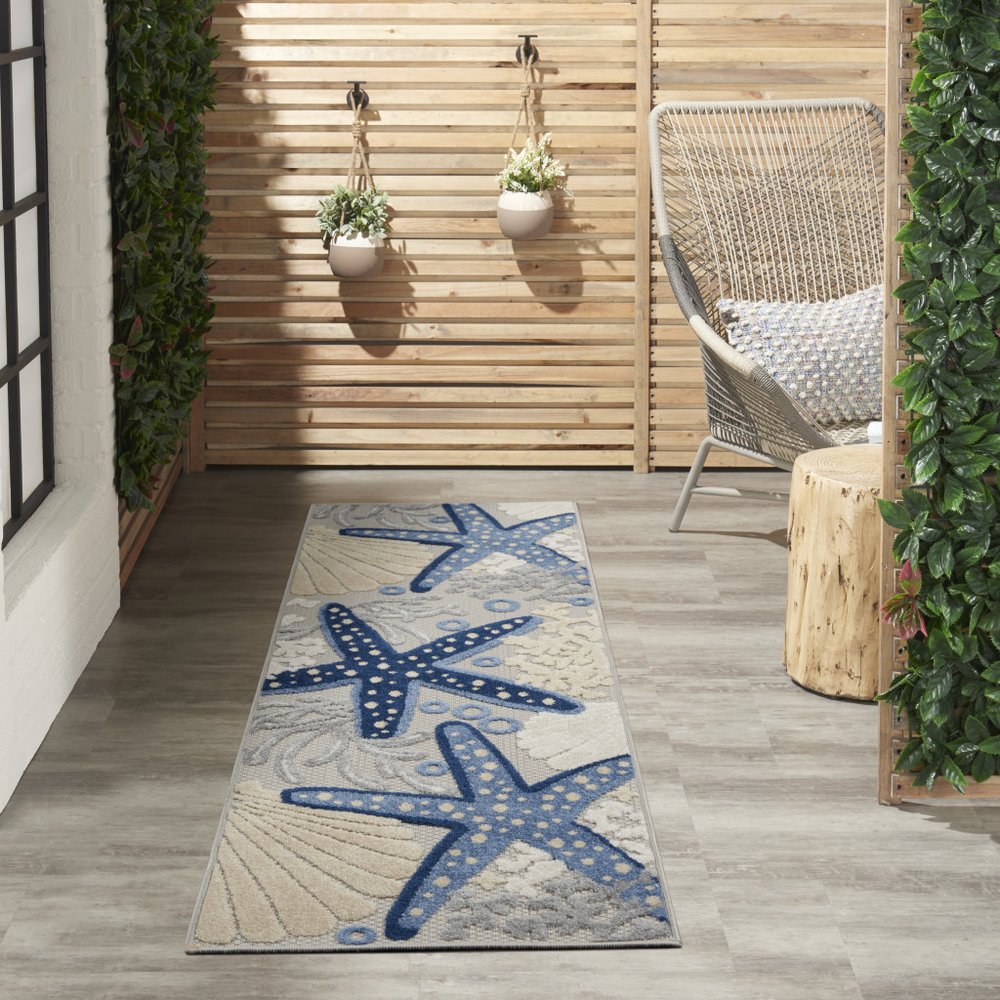 8' Blue And Gray Indoor Outdoor Runner Rug