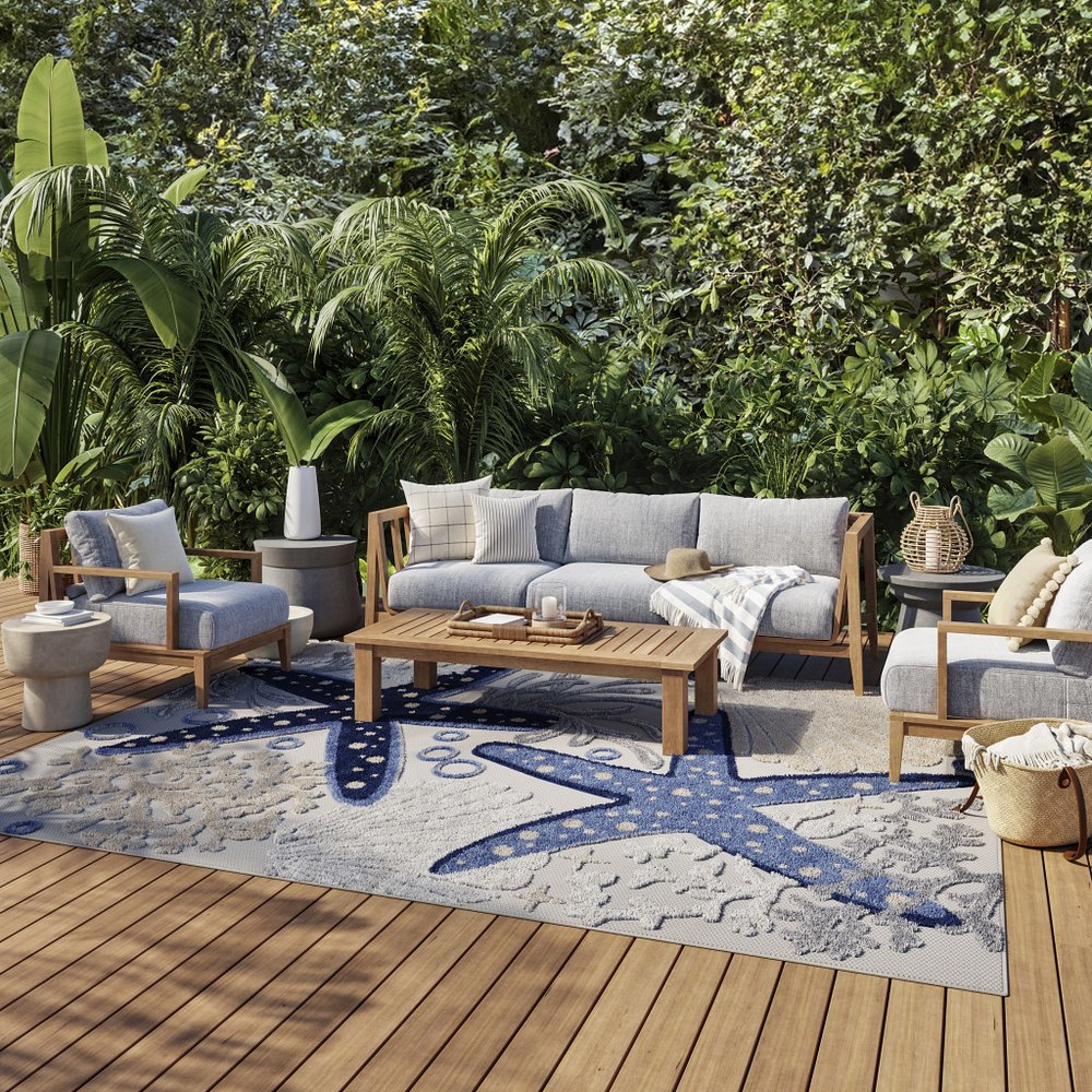 9' X 12' Blue And Gray Starfish Indoor Outdoor Area Rug