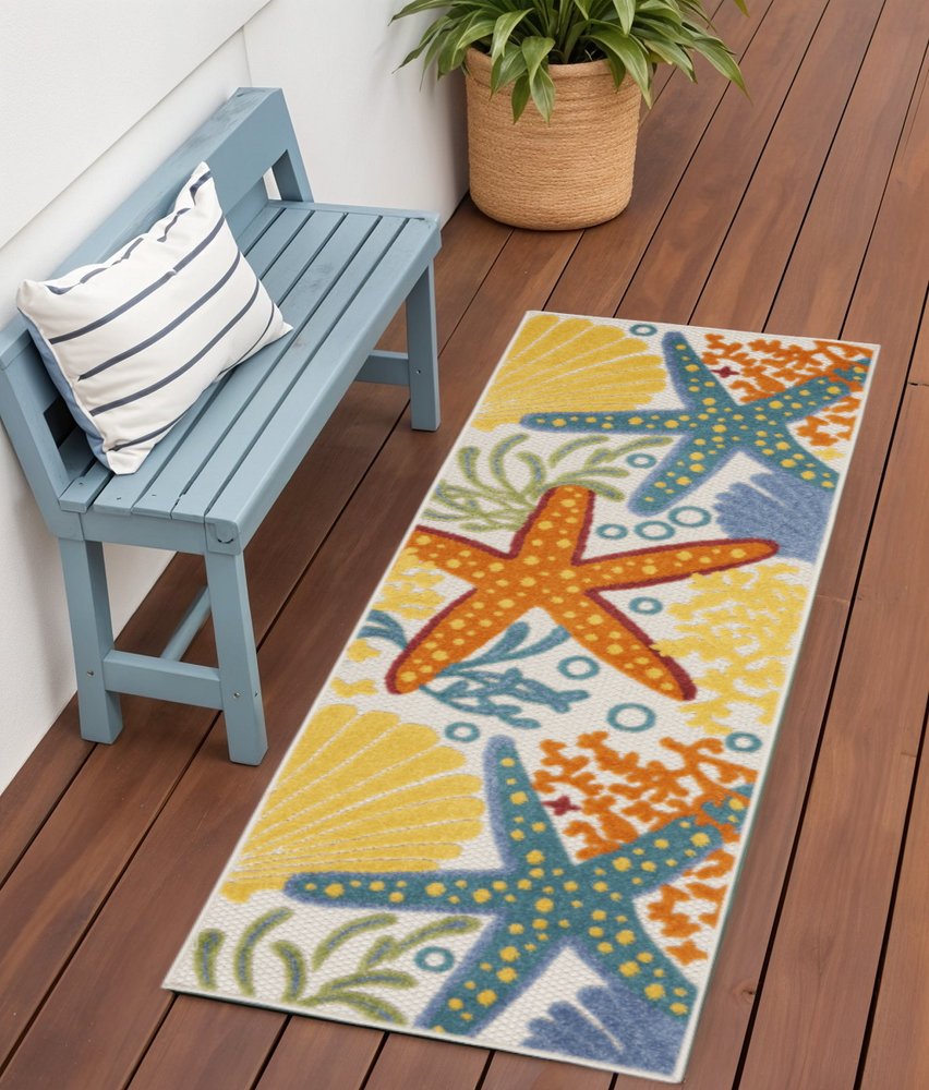 6' Blue And Yellow Indoor Outdoor Runner Rug