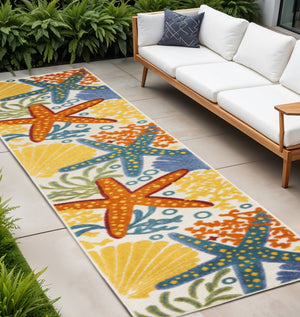 10' Blue And Yellow Indoor Outdoor Runner Rug