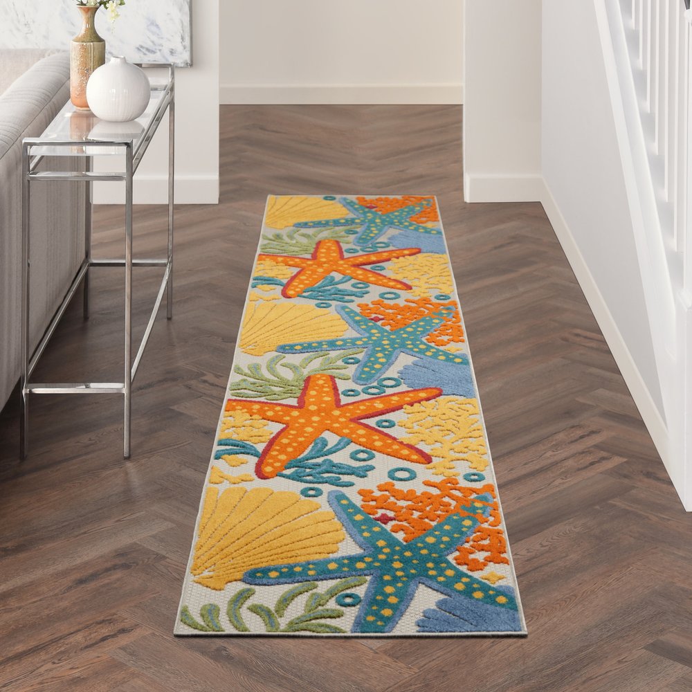 10' Blue And Yellow Indoor Outdoor Runner Rug