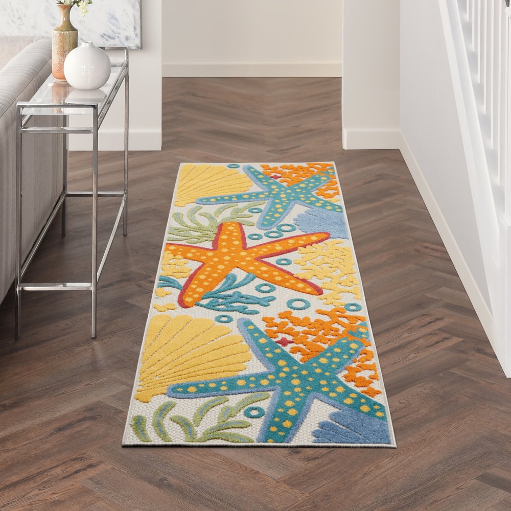 8' Blue And Orange Indoor Outdoor Runner Rug