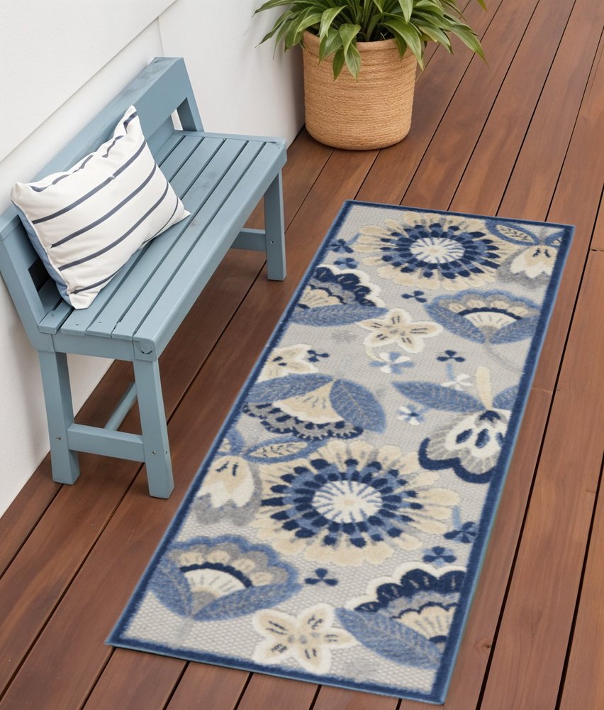 6' Blue And Gray Indoor Outdoor Runner Rug