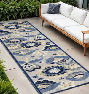 10' Blue And Gray Indoor Outdoor Runner Rug