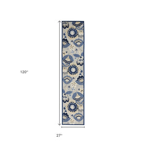 10' Blue And Gray Indoor Outdoor Runner Rug