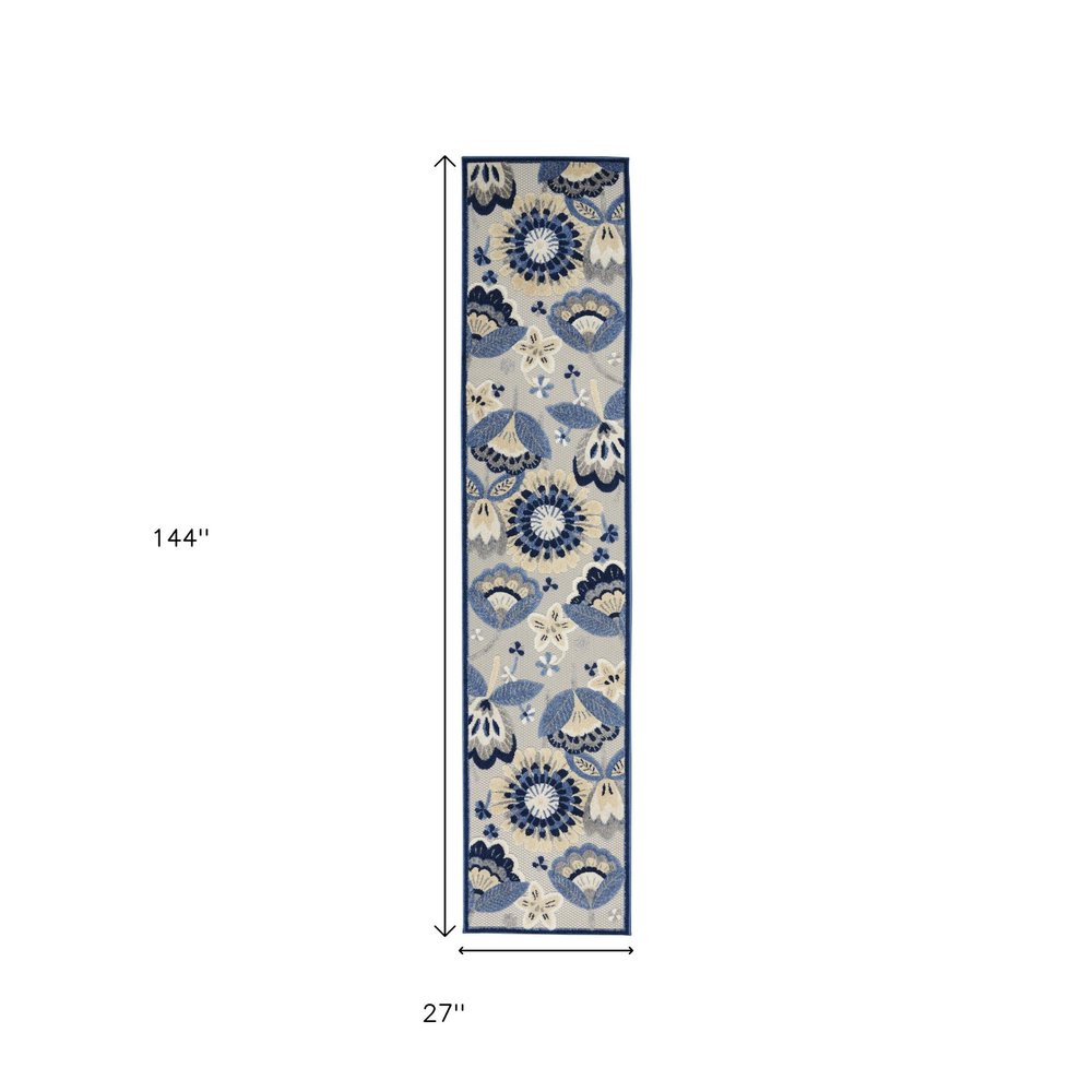 12' Blue And Gray Indoor Outdoor Runner Rug
