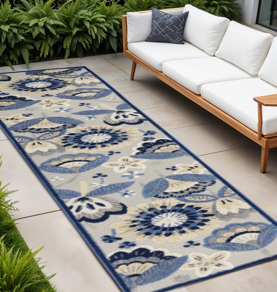 8' Blue And Gray Indoor Outdoor Runner Rug