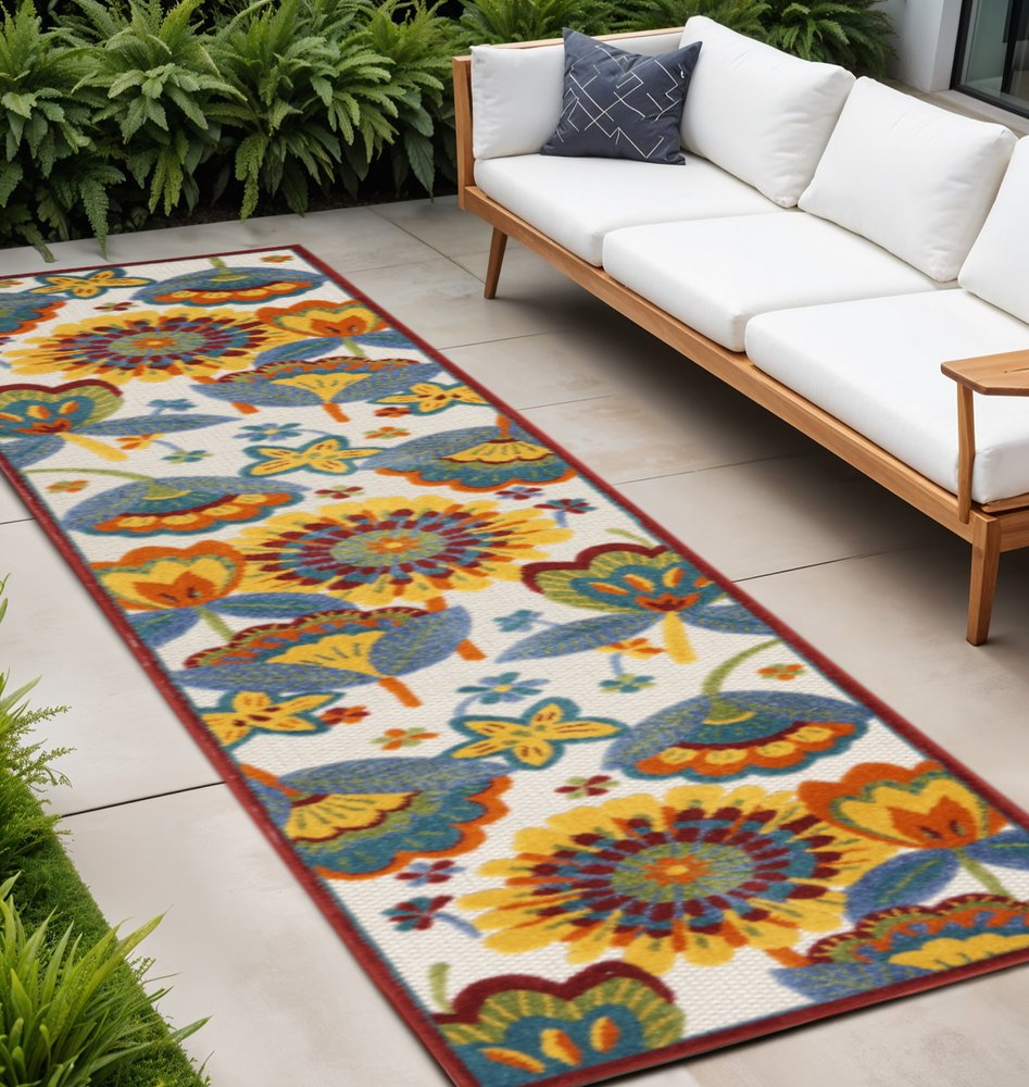 8' Yellow And Red Indoor Outdoor Runner Rug